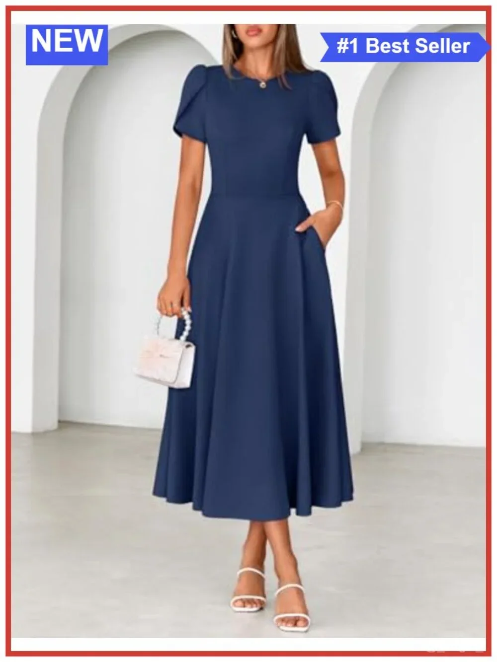 Formal Wedding Guest Midi Dress with Pockets Short Sleeve A-Line